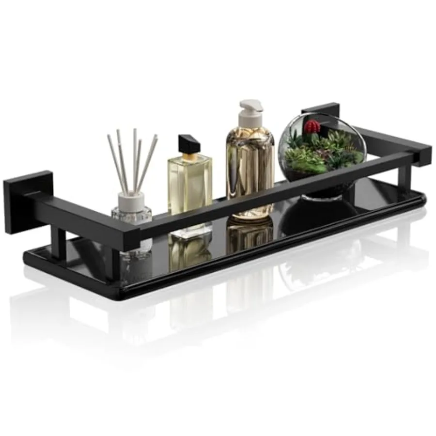 

Стеклянная полка для ванной комнаты с перилами из нержавеющей стали, матовая черная, маленькая, из закаленного стекла, настенная, для установки над унитазом, 16 дюймов