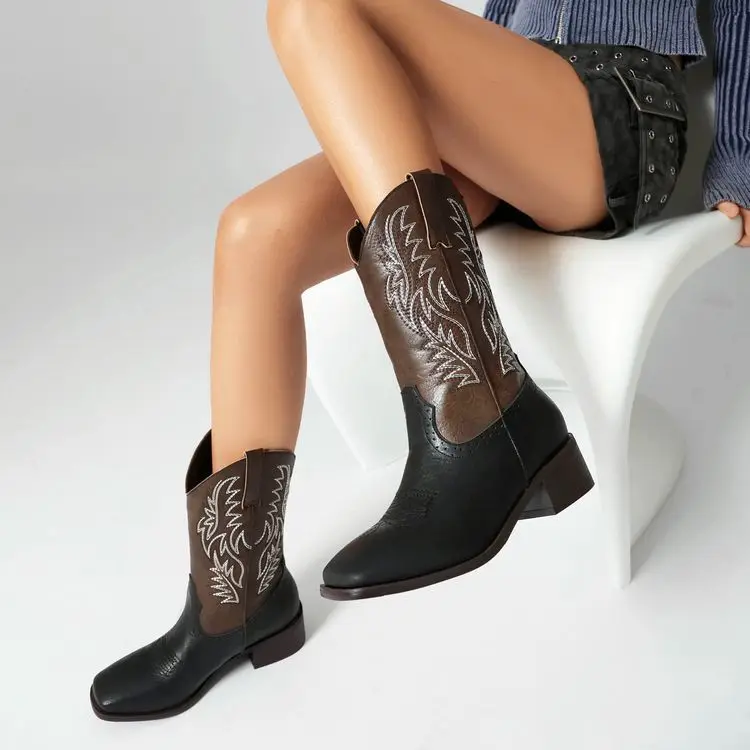 

Embroidered Western Cowboy Boots Vintage Square Toe Block Heel Ankle Botines Contrast Colorblocking Oversized Women's Shoes
