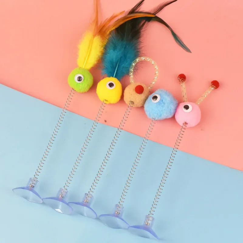 Pet Cat with Spring Toy Interactive Fun Teasing Cat Stick Suction Cup Fur Ball Pet Cat Toy