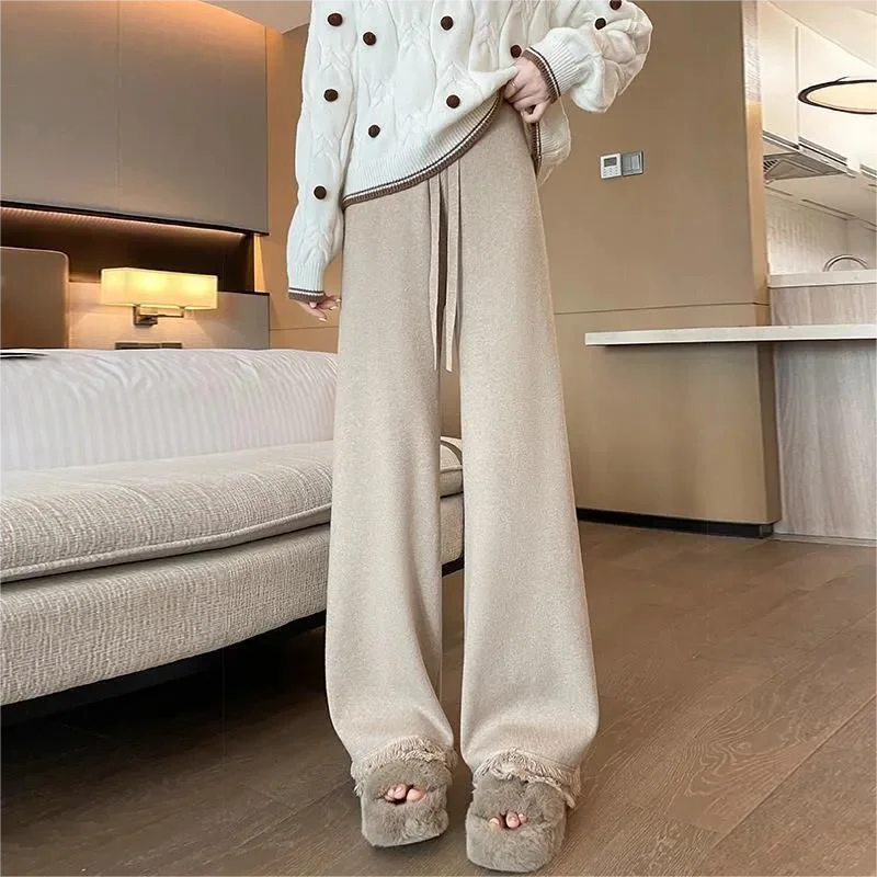 Loose Pants Women Autumn Winter 2023 Fashion Casual Drawstring Wide Leg Pants Chic High Waisted Straight Knitted Pants