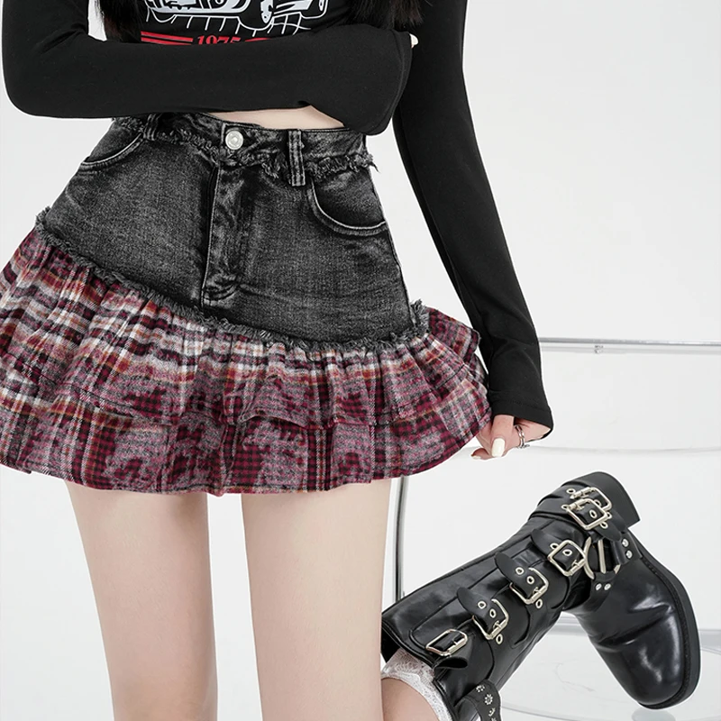 2024 Summer Patchwork Denim Mini Skirt Women Plaid Ruffled Edge Streetwear Jeans Short Skirts Irregular Tide Hot Girl Faldas