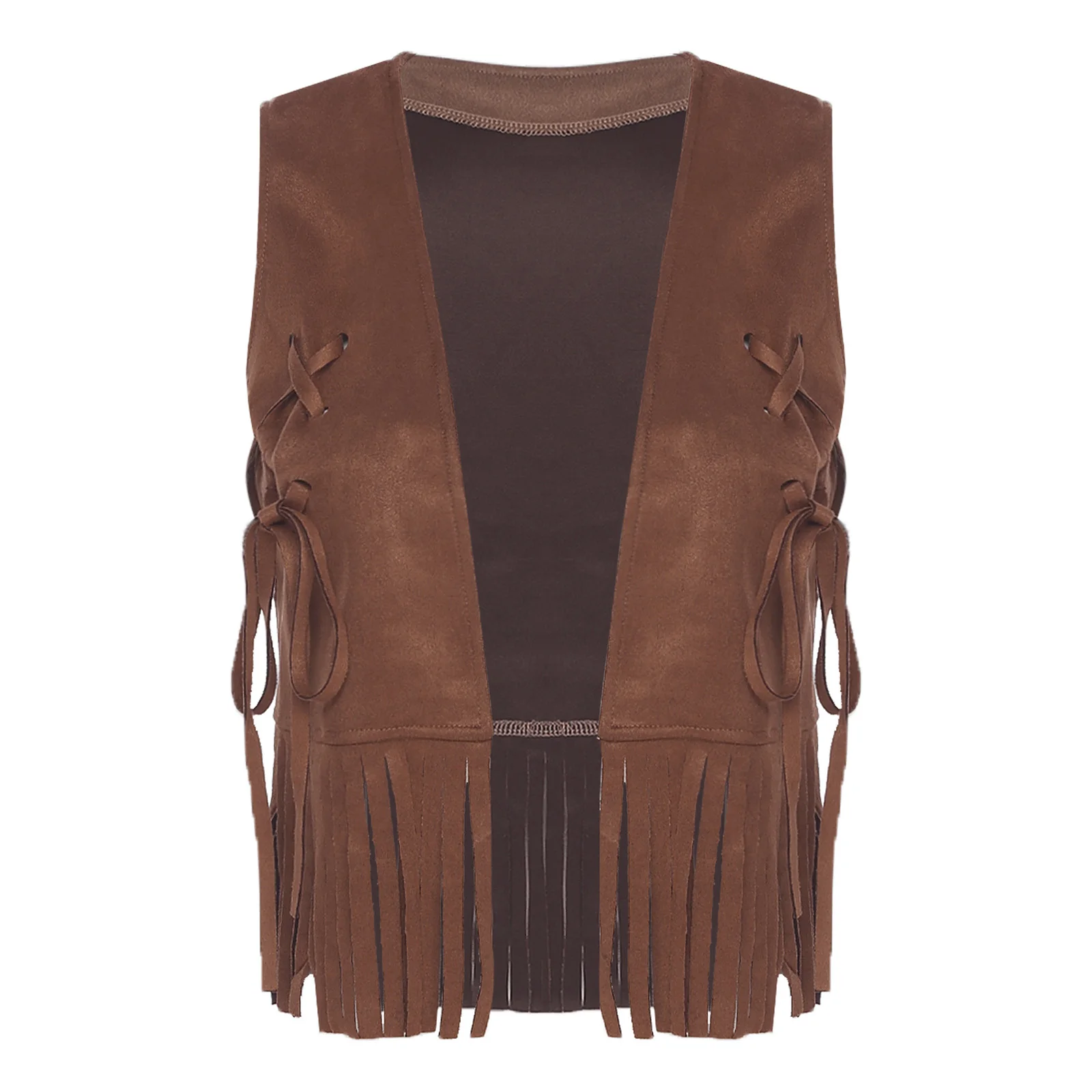 Womens 70s Hippie Cowgirl Cropped Tank Top Open Front Tying Decor Tassel Trim Cardigan Vest Disco Dance Vintage Party Costume