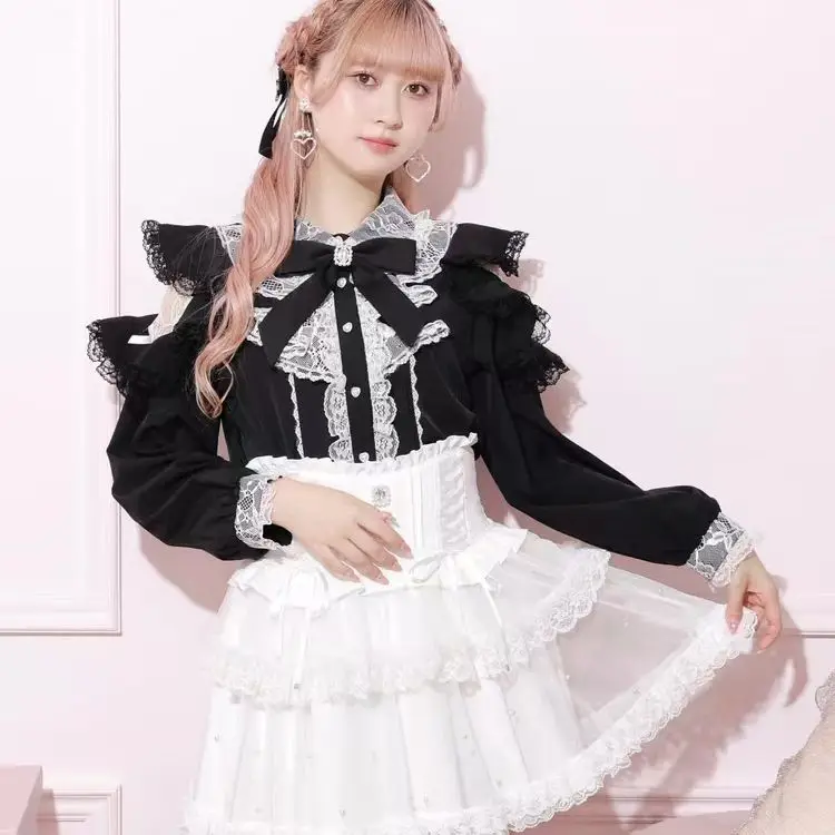 

Subculture Y2k Sweet V-neck Harajuku Coat Grunge T Shirts Aesthetics Tees Button Bow Blouse Kawaii Japanese Fashion New Tops