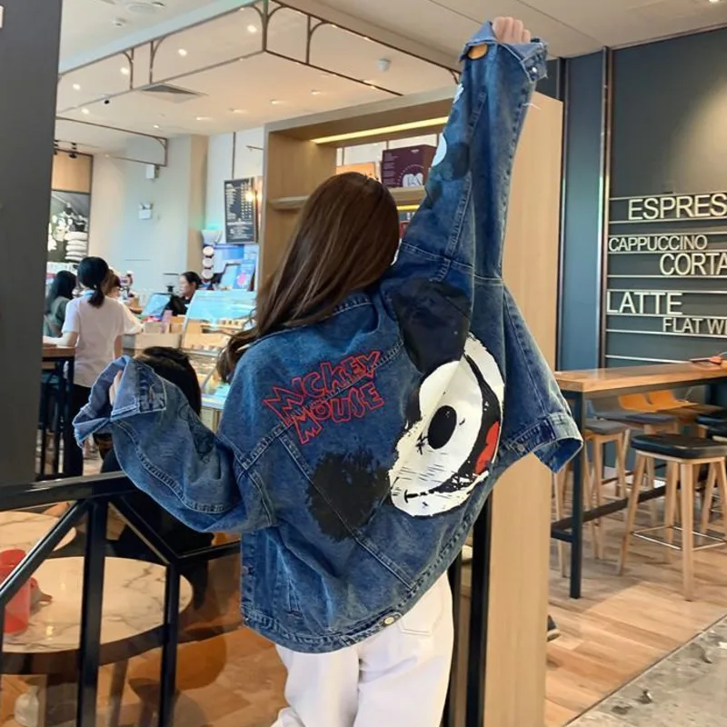 Miniso botão disney mickey denim casaco dos desenhos animados gráfico bonito jaquetas manga longa coreano outerwear cowboy casaco de grandes