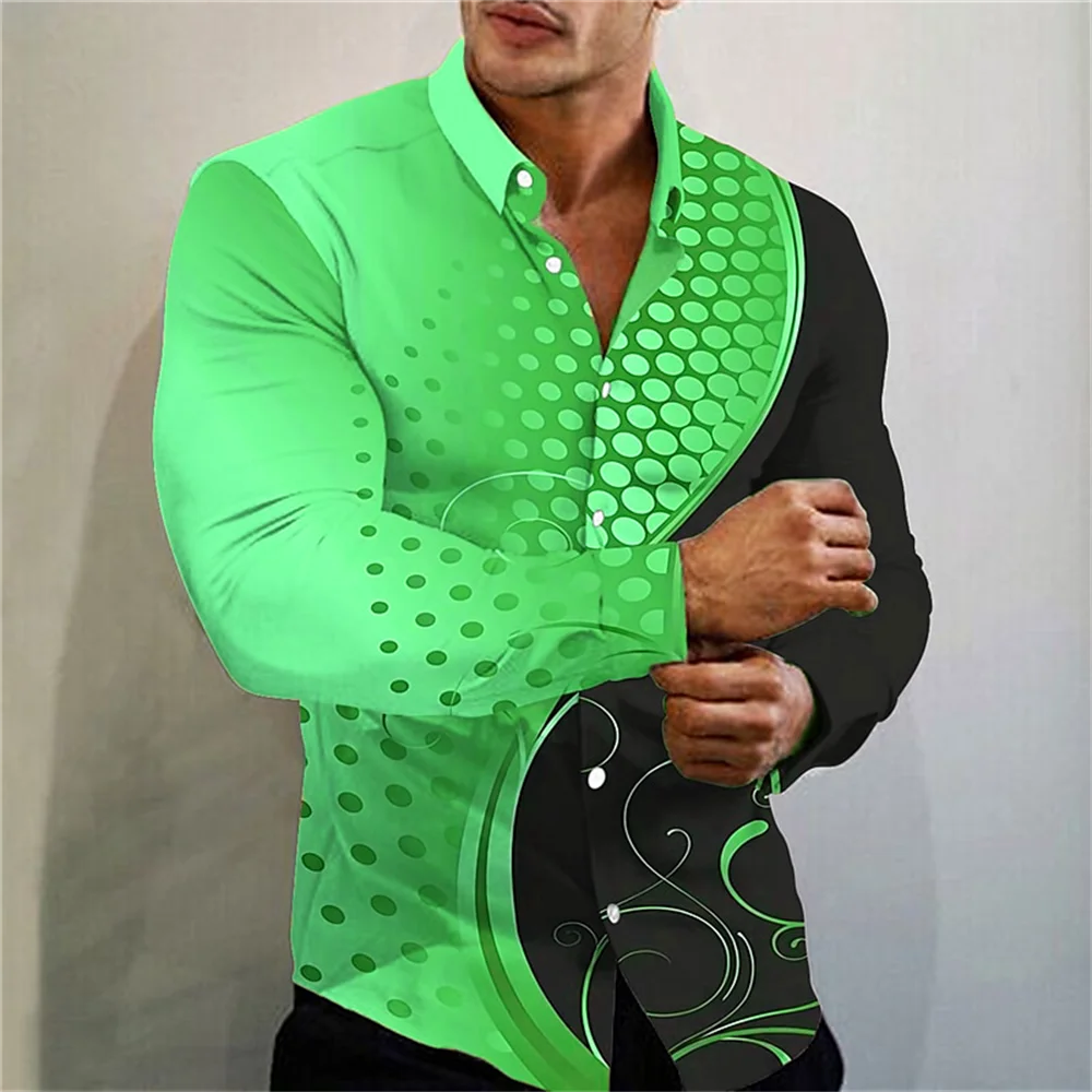 Camisa masculina de manga comprida estampada em bolinhas, camisa de botão lapela, casual para festas, moda social, tops de luxo, 2024