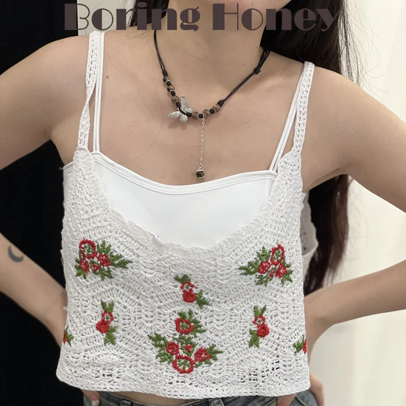 

Boring Honey New Red Flower Embroidery Summer Clothes For Women Round Collar Corset Tops Wavy-Edge Hollow Out Crop Tops Women