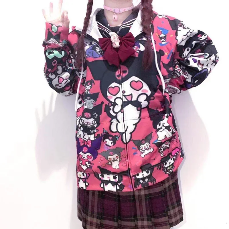 Japanese Kawaii Girl Jacket Sanrio Kuromi Printed Cute Black Jacket Spring JK Uniform Cardigan Harajuku Coats and Jackets Women