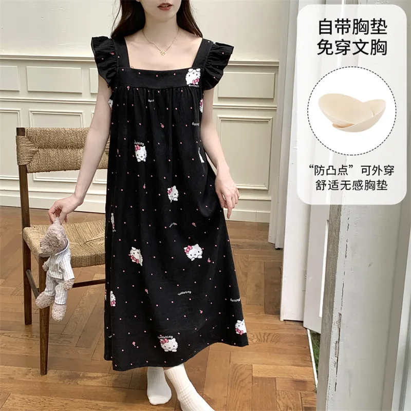 

Новая милая пижама Hello Kitty: хлопковая женская домашняя одежда для сна, летняя, без рукавов, с подкладкой на груди и кружевной отделкой