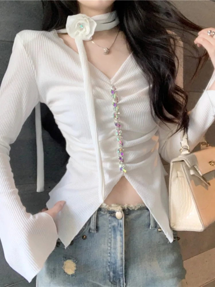

Slim Fit V-Neck Folded Hem Base Shirt Women's Design Sensual Splitting Thin Outerwear Spring Long Sleeve Korean Style Commute