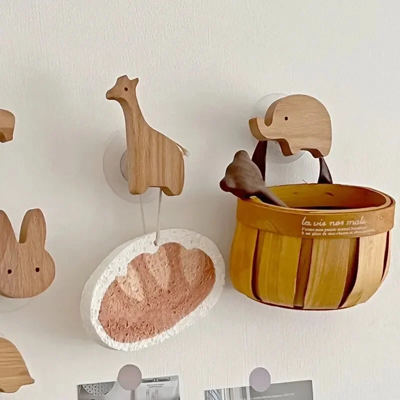 Household Non Perforated Wall Hook Cartoon Animal Wooden Coat Hook Wall Entrance Solid Wood Hook Door Back Coat Hook