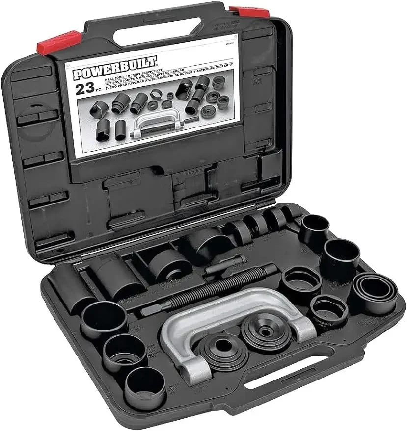 

Powerbuilt Ball and U Joint Service Set, 23 Piece Tool Kit, Remove and Install Ball Joints, Receiving Tube, Adapters, Sockets