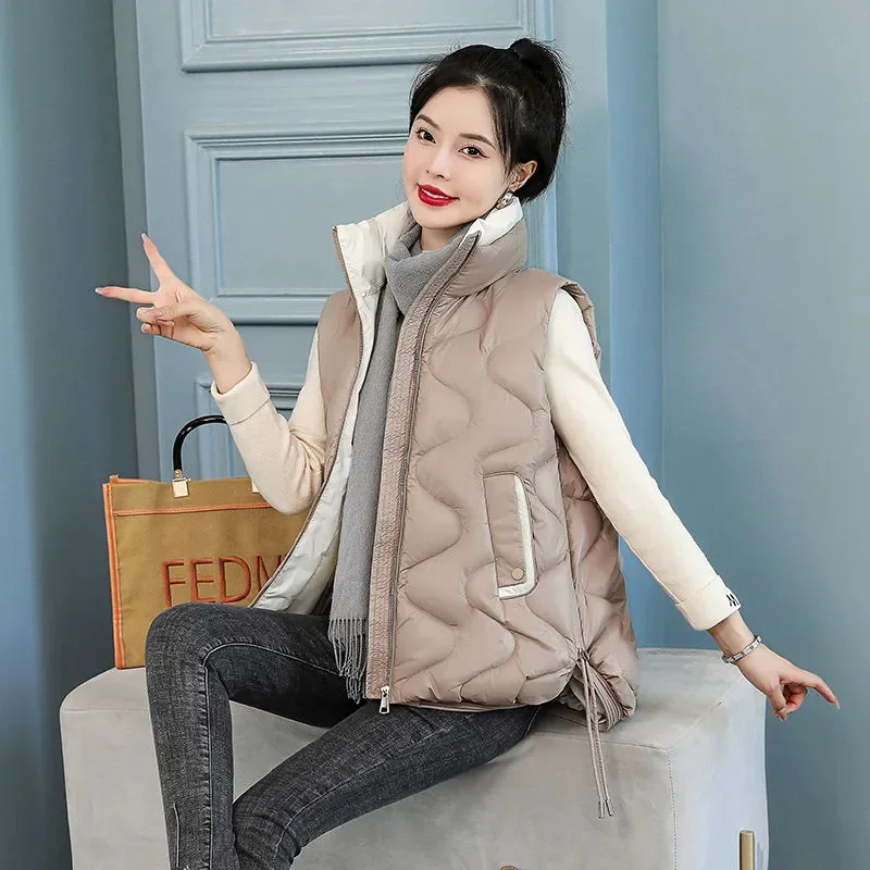 

New Winter Cotton Vest Women Warm Coat Turn-down Collar Zipper Sleeveless Jacket Overcoat Loose Drawstring Waistcoat Vest Coat