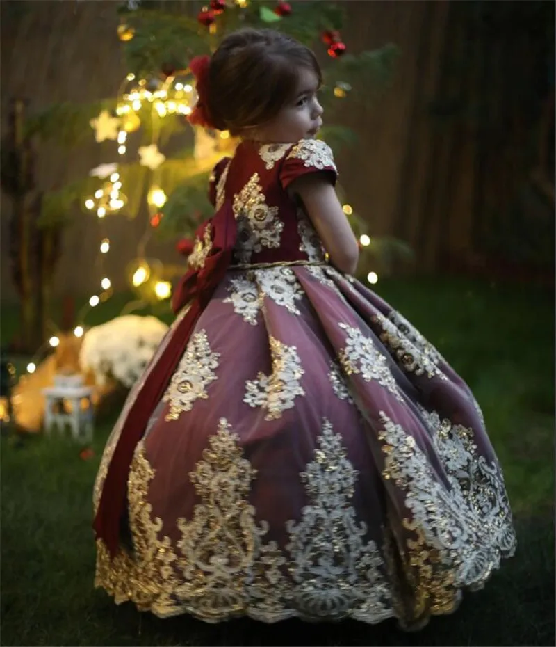 

Royal Flower Girl Dress for Wedding Burgundy Kid Birthday Evening Gown Big Bow Ribbon Christmas Outfit