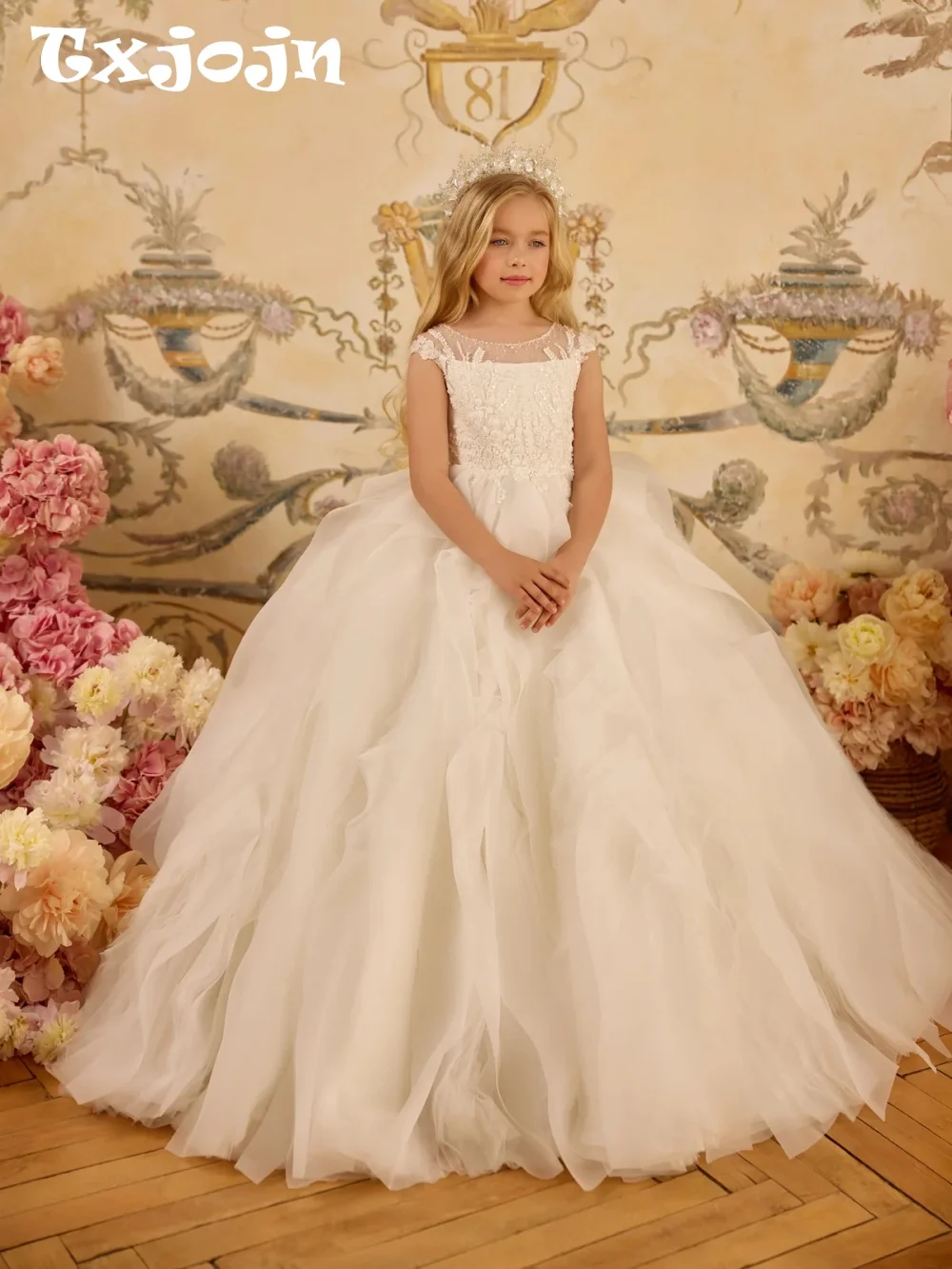 Ruffled Tulle Beaded Appliques Princess Gown For Kids Birthday Party Exquisite Oneck Sleeveless Girls Dresses For Wedding