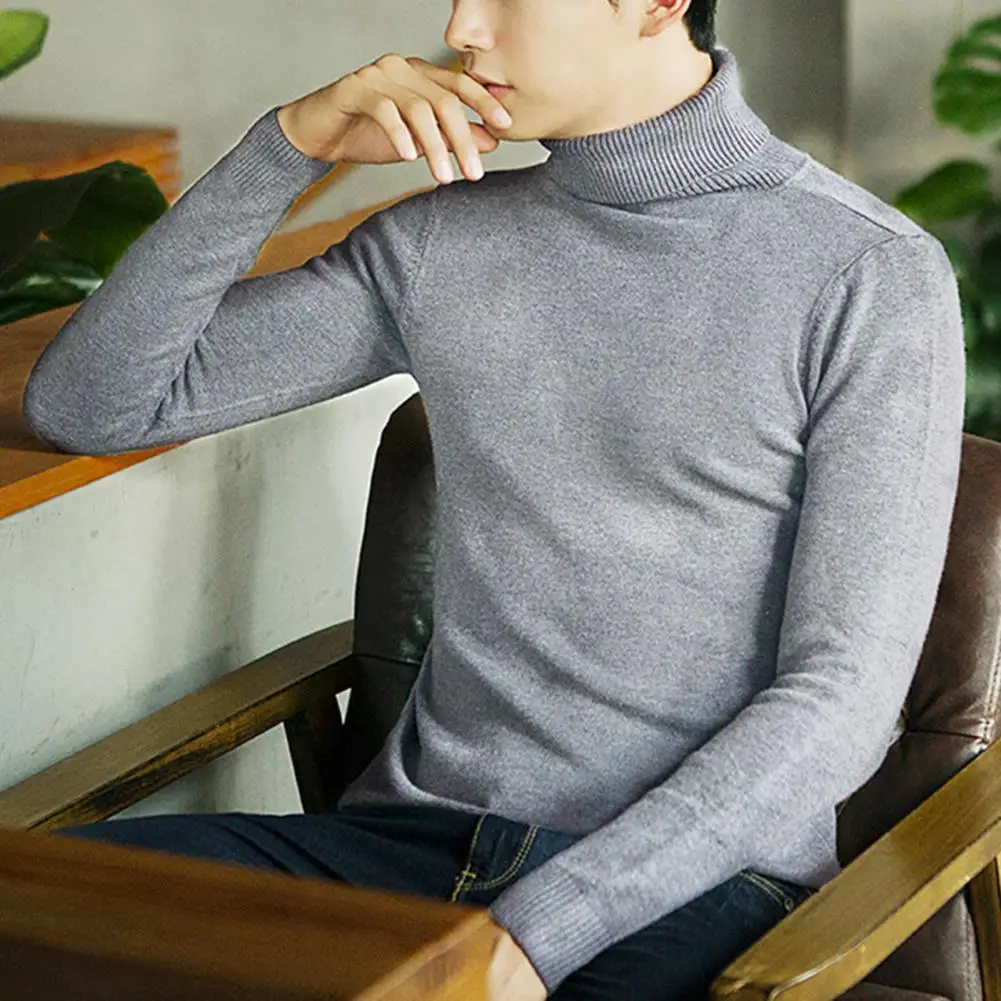 

Winter Stretchy Sweater Solid Color Soft High Collar Thick Knitting Warm Stretchy Casual Basic Young Men Sweater Men Clothing