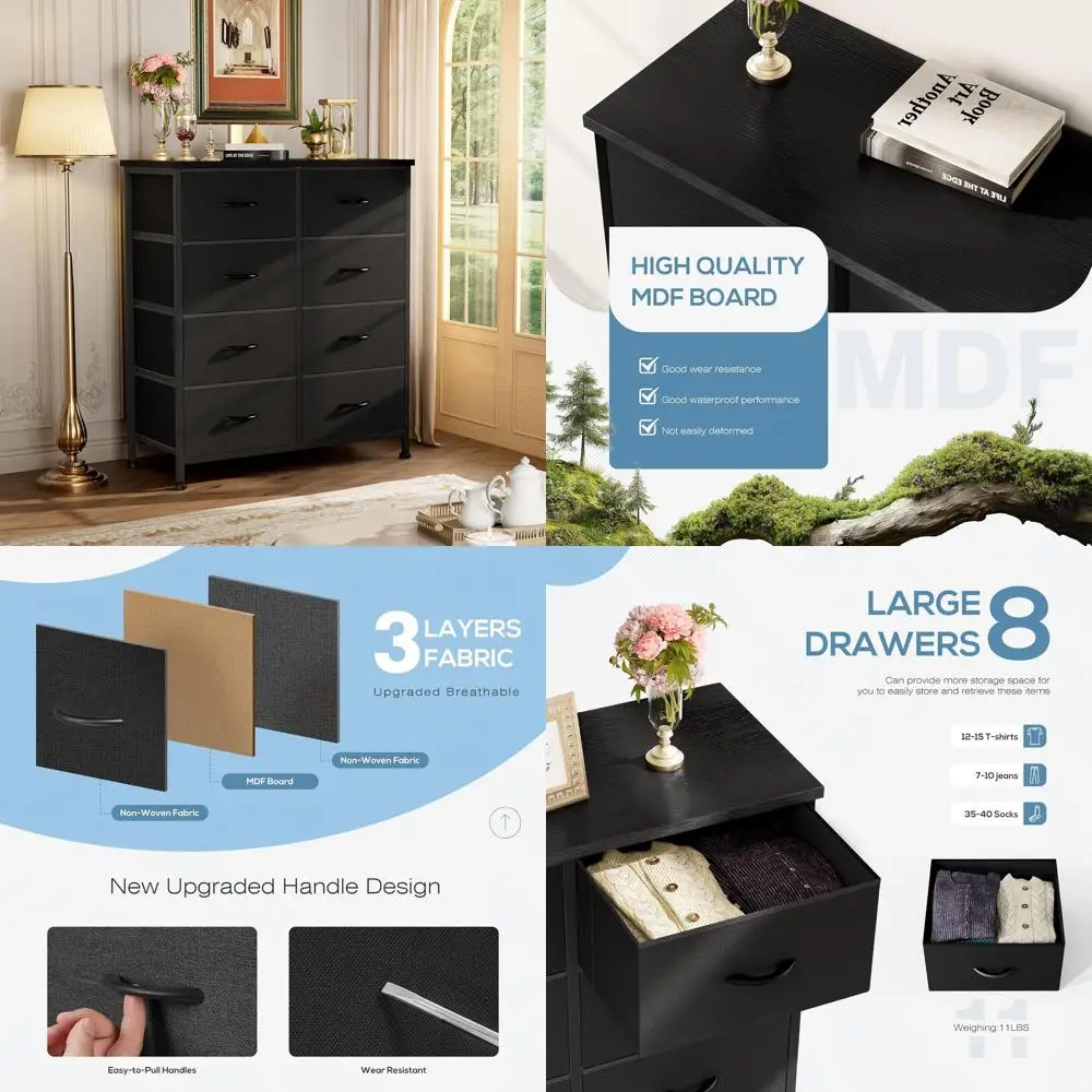 

8-Drawer Bedroom Storage Chest with Wooden Top and Metal Frame for Clothes, Ideal for Closets, Living Rooms, Hallways, and Entry