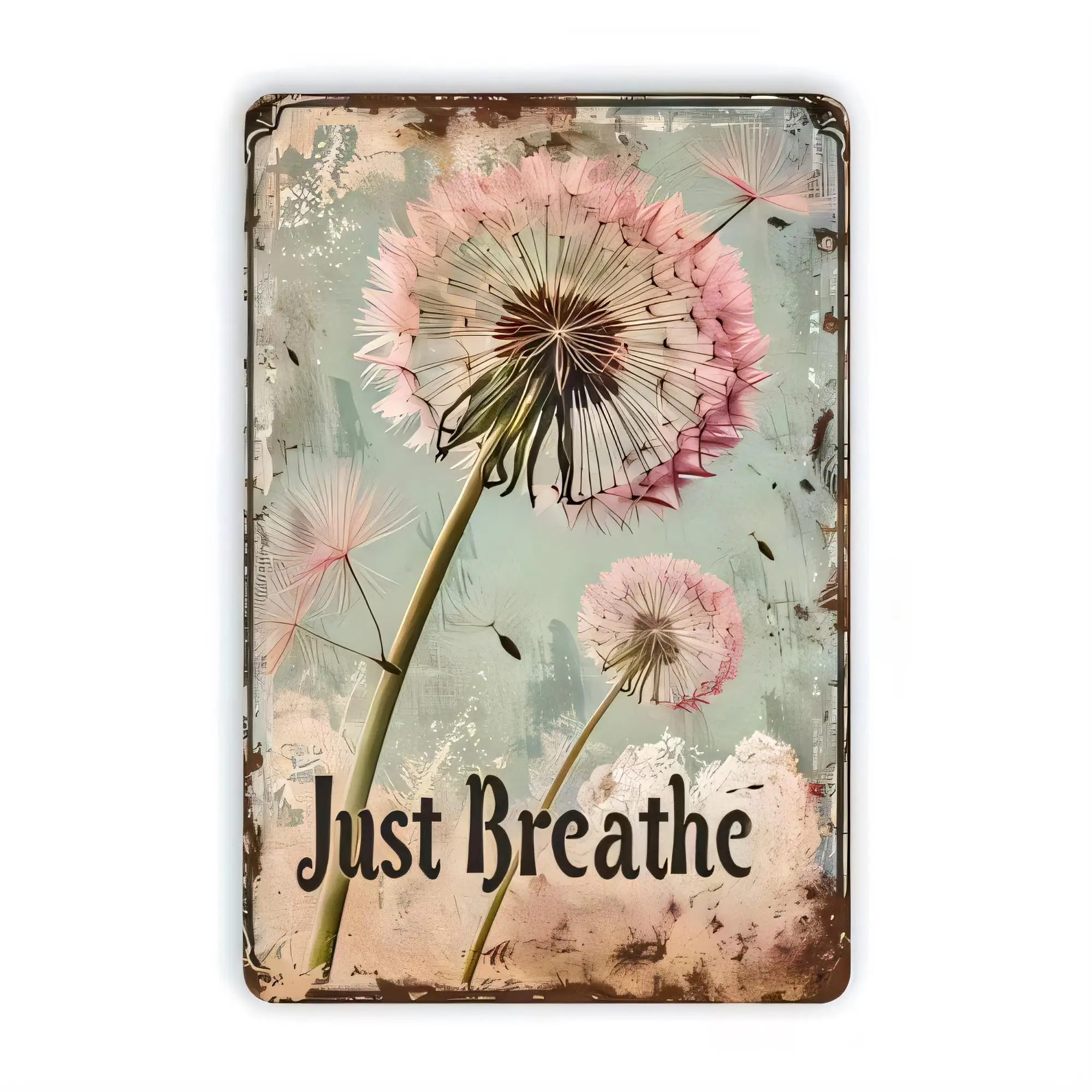 Plaque en métal vintage « Just Breathe » avec citation florale pissenlit, décoration murale rustique pour salon, chambre, bureau