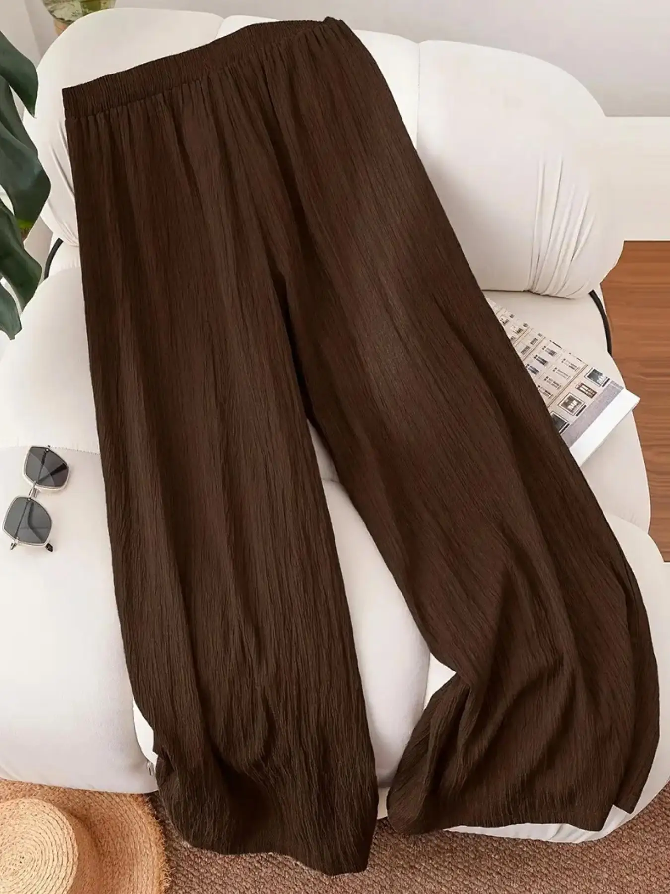Deep Brown Textured Drawstring Wide Leg Women's Pants Elastic High Waist Front Tie Draped Breathable Fabric Casual Long Trousers