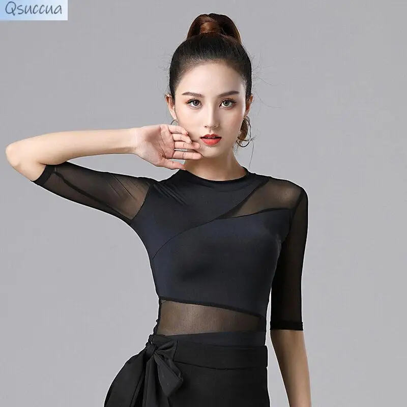 

Black Latin Dance Short-sleeve Shirt Sexy Mesh Tops Women Professional Practice Clothes Female Ballroom Modern Dance Costumes