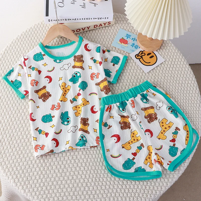 

New 2024 Boys Summer Thin Clothes Sets Kids Cute Cartoon Print Short Sleeve T-shirt Tops + Shorts Toddler Baby Pajamas Homewear