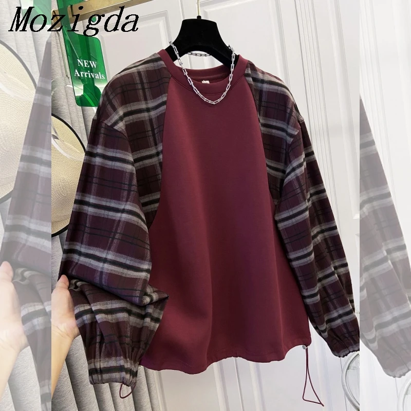 

Весенне-осенние корейские клетчатые лоскутные толстовки, женские винтажные пуловеры с длинными рукавами в консервативном стиле с круглым вырезом, женские топы в стиле ретро