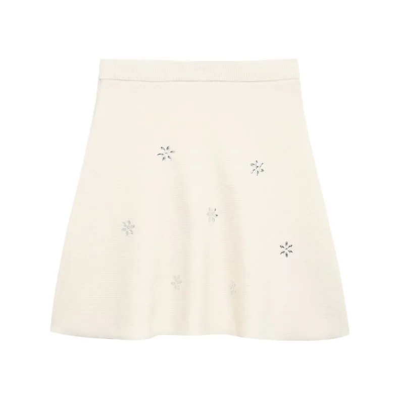 TRAF Women Jewelry Inlaid Mini Skirt For Clothing Autumn Sexy Knit Casual Elastic Ribbed Waist Short Skirts Female Skirt