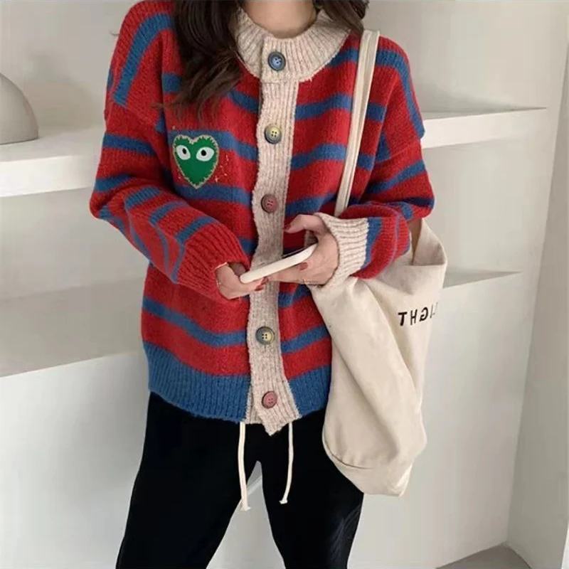 Autumn Winter Stripes Knitted Cardigan Women Warm Round Neck Long-Sleeved Sweater Casual Single Breasted Matching Button Tops