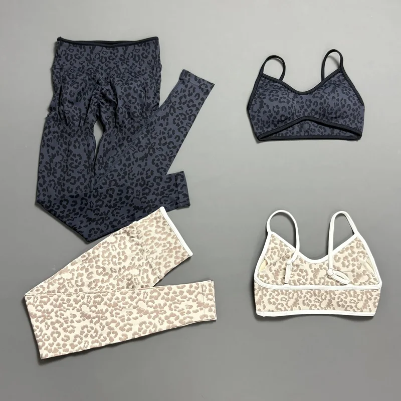 2Pcs HISTELLO Leggings Set Women Leopard Print Sports Bra High Waist Scrunch Butt Yoga Set Seamless Gym Fitness Workout Outfit