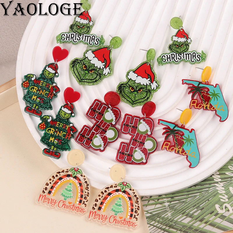 YAOLOGE Creative Exaggerated Christmas Gift Christmas Tree Clown Pistol Earrings Acrylic Material Women New Year Gift Eardrop