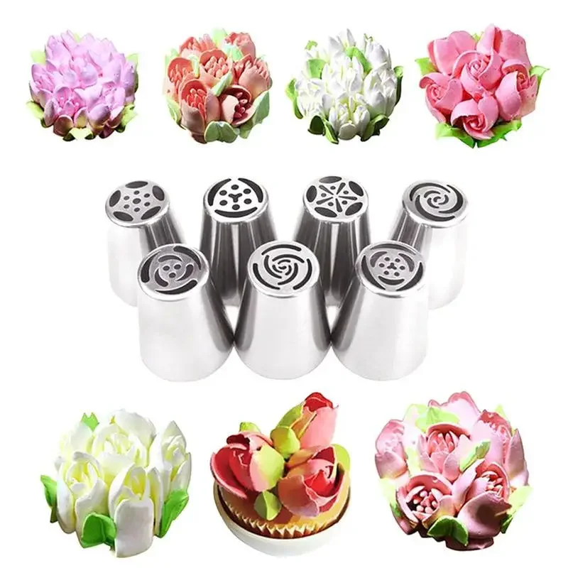 7pc Pastry Nozzles Tulip Icing Rose Russian Flower Icing Piping Cake Decorating Tools Nozzle Cream Cupcake Baking Accessories