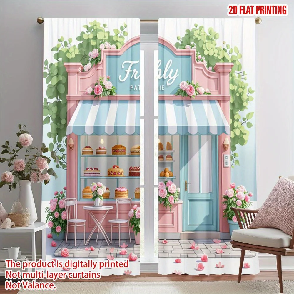 Pink Bakery Curtain, Cute Cake Shop Window Drape, French Pastel Storefront Decor for Girls Room, Floral Home Textile Fabric