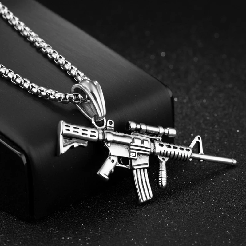 Men's Hip Hop Punk Machine Gun Pendant Necklace Black Gold Color Stainless Steel Chain Retro Accessories Hippie Rapper Jewelry