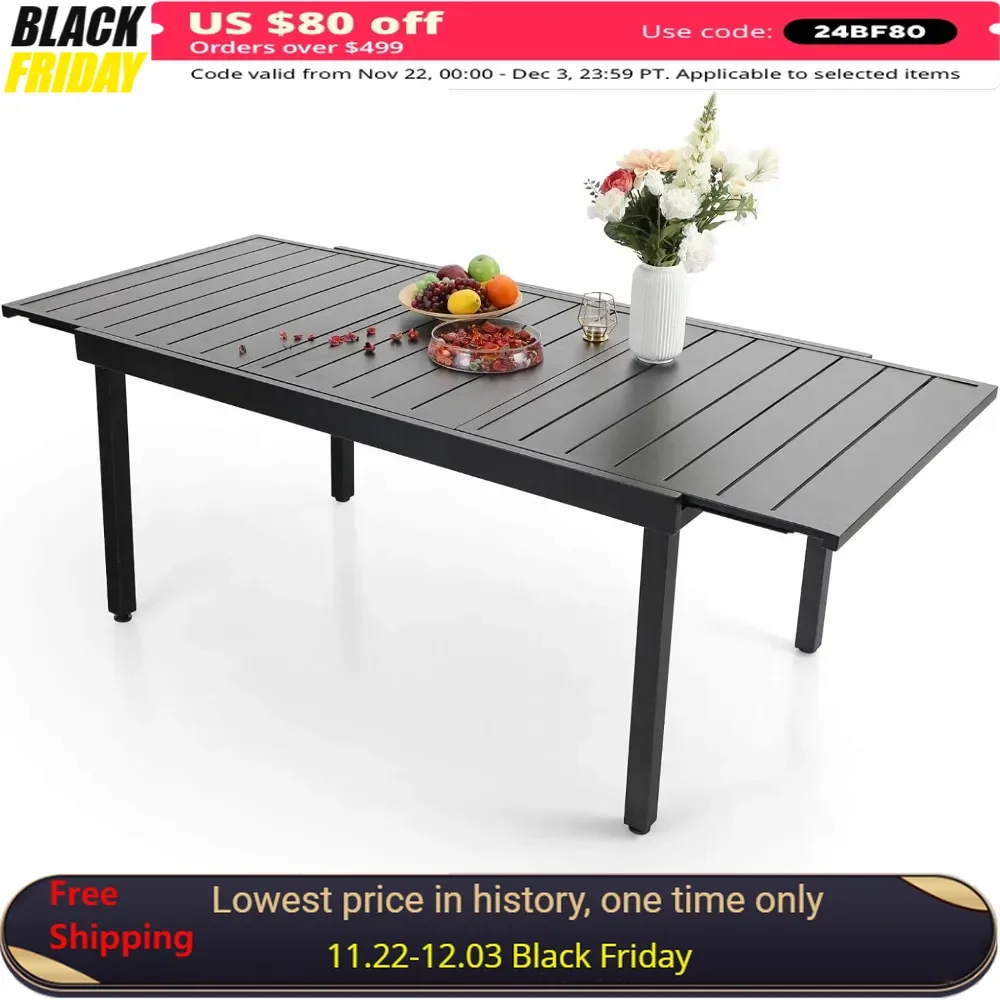 

37.4"D X 83.9"W X 29.5"H Outdoor Table for 6-8 Person, Lawn Garden Bistro, Black Expandable Metal Rectangular Patio Table