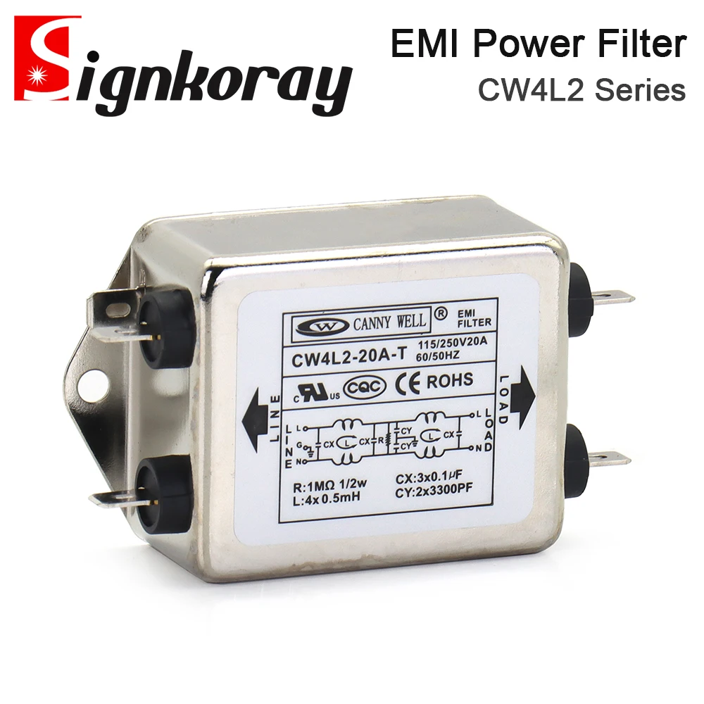 

CANNY WELL CW4L2-20A-T EMI Power Filter Single Phase CW4L2-10A -T CW4L2-6A -T AC 115V / 250V 20A 50/60Hz For Laser Machine