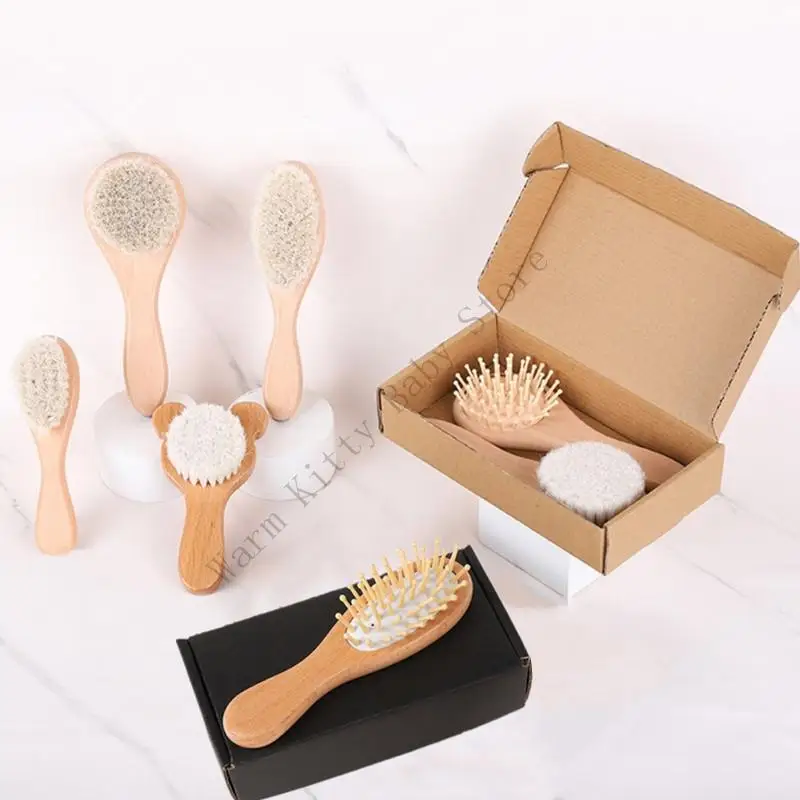 

1 Set Baby Hair Brush and Comb with Storage Box Natural Beech Newborn Hair Comb Woolen Bath Brush Baby Healthy Care