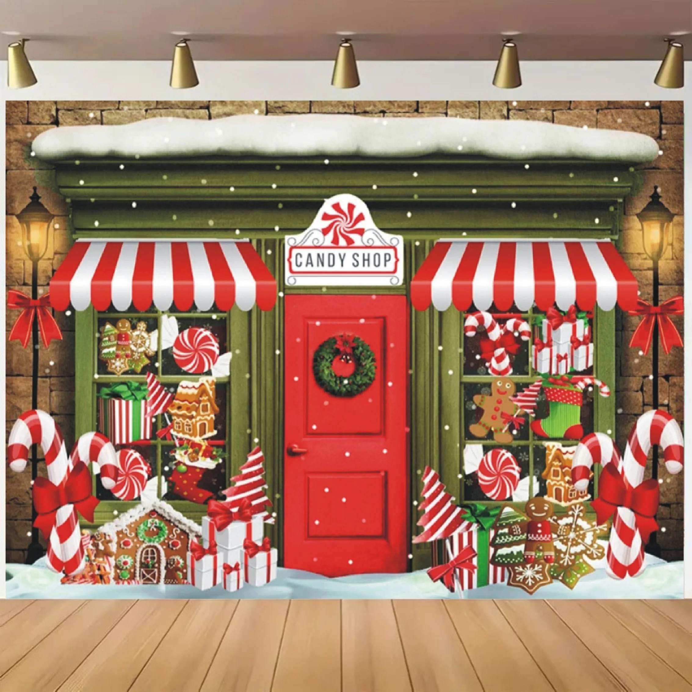 Wonderland Christmas Candy Shop mit Lebkuchen Straßen laternen, Familien essen und Fotografie Hintergrund