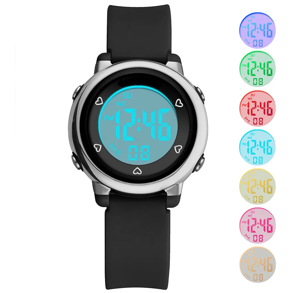 1Pcs Waterproof Electronic Watch Black Student LED Luminous Multi-Function Time Alarm Glow in Dark for Women Daily
