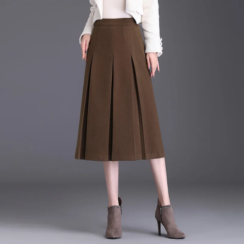 #1634 Black Gray Brown Pleated Skirt Women Autumn Winter Woolen Skirt Ladies Thick High Waisted A-line Midi Skirt Autumn Winter