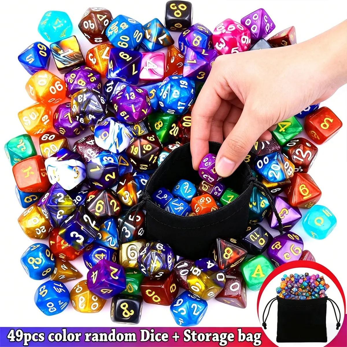 49Pcs Polyhedral Dice Set with 7 Black Storage Pouches - 7 Complete Sets D4/D6/D8/D10/D%/D12/D20 for DND, RPG, MTG ZSY