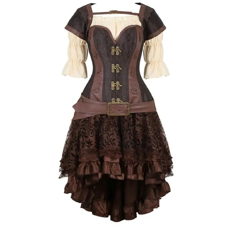 Steampunk Gothic Corset Dress Vintage Faux Leather Corset Renaissance Blouse Asymmetrical Floral Skirt Cosplay Pirate Costumes