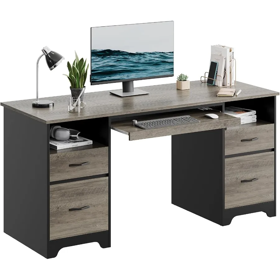 59 Inch Office Desk with 4 Drawers, Computer Desk with Storage, Executive Desk with File Drawer, Keyboard Tray and 2 Pedestals
