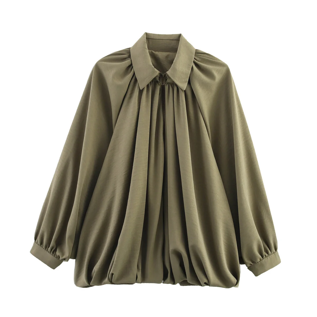 

Women Fashion Green Pleated Short Bomber Jacket Casual Loose Lantern Sleeve Zipper Coat Spring New High Street Outwear