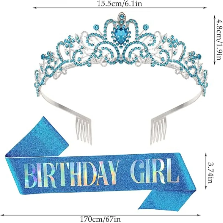 2Pcs Set Rhinestone Crystal Crown Tiara & “Birthday Girl” Sash, Women Birthday Party Decorations Accessory Kit