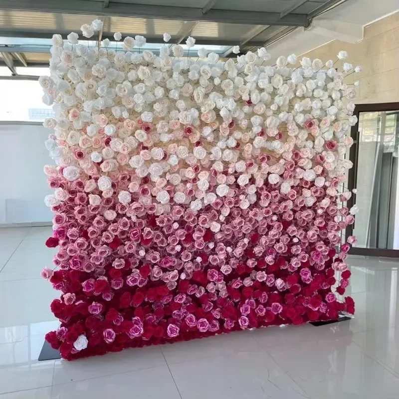 Handmade 8Ft X 8Ft 5D Gradient Pink Red Artificial Flower Rose Flower Wall High-End Wedding Backdrop for Ceremony Decoration