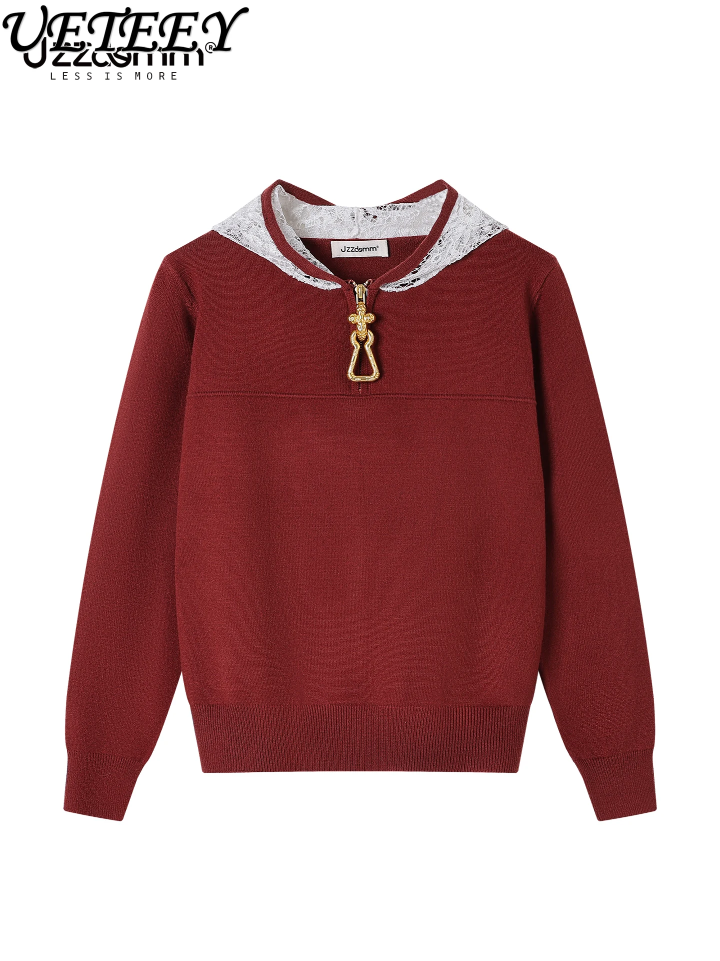 Metal Decoration Half Zip Lace Cap Spliced Knitted Pullover 2026 Spring and Autumn New Versatile Long Sleeve Top for Women