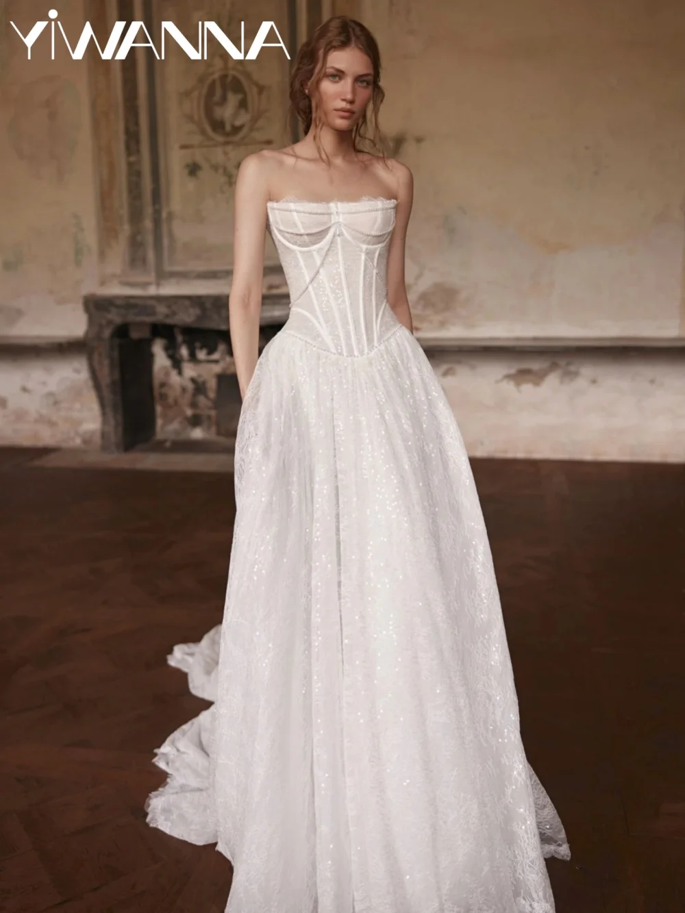 

Длинное свадебное платье А-силуэта с пайетками и кружевом, элегантное, без бретелек, с жемчугом, на заказ, мечтательное, без рукавов, для невесты