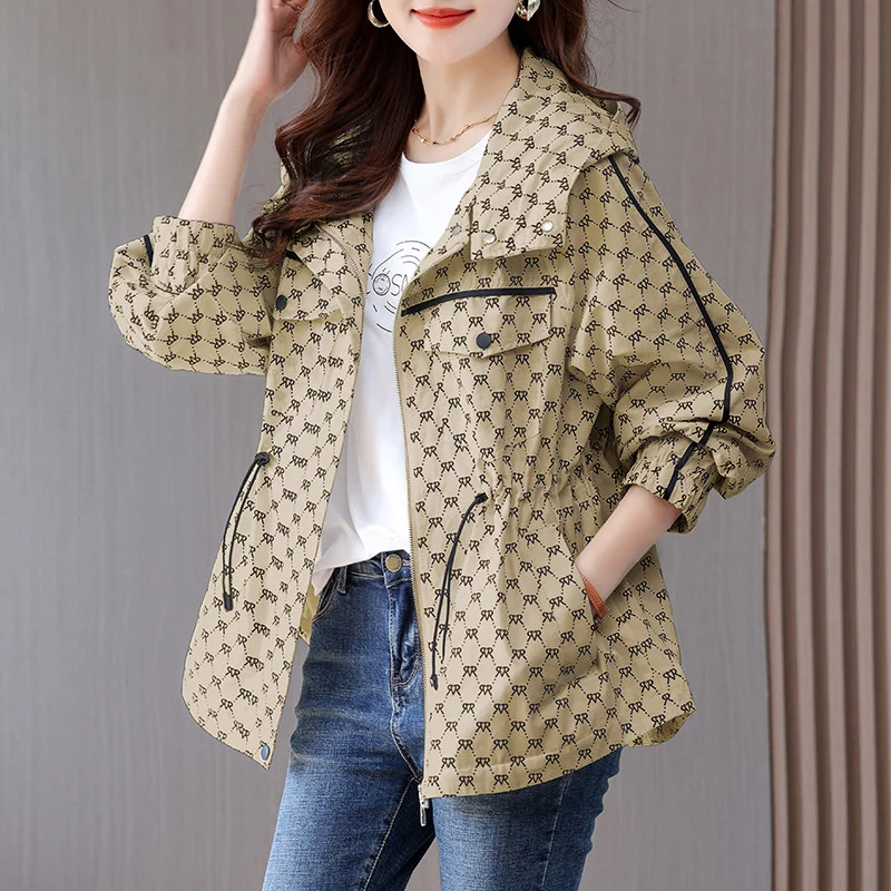 2024 New Spring Autumn Korean Casual Hooded Windbreaker Women Loose Temperament Fashion Print Trench Coat Female Outerwear