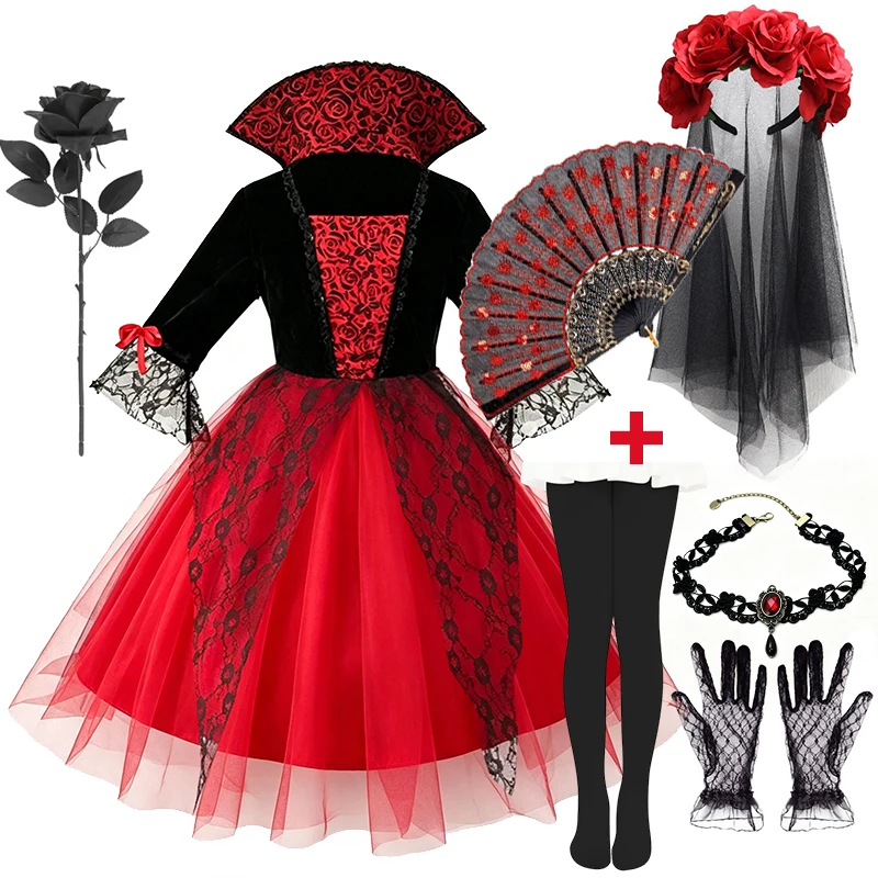 Halloween Girls Gothic Cosplay Dress Kids Dark Party Costume with Veil Gloves Necklace Stockings for Carnival Fancy Dress
