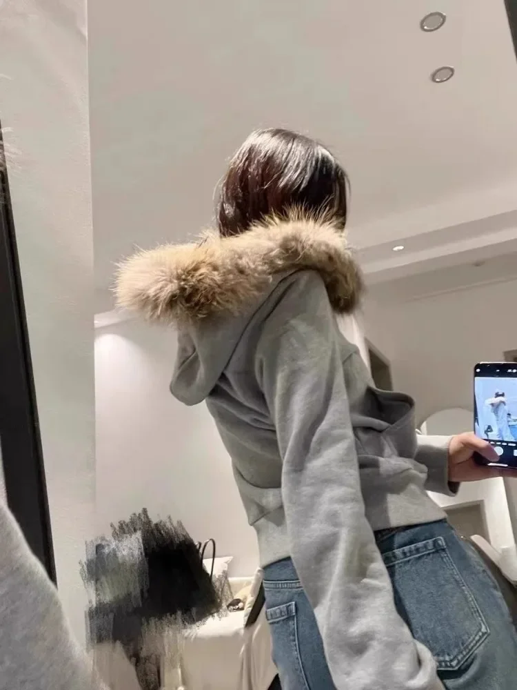 Vintage Fur Patchwork Hooded Grunge Zip Up Hoodies Women Casual All Match Korean Pocket Coats Y2k Aesthetic Grey Sweatshirts