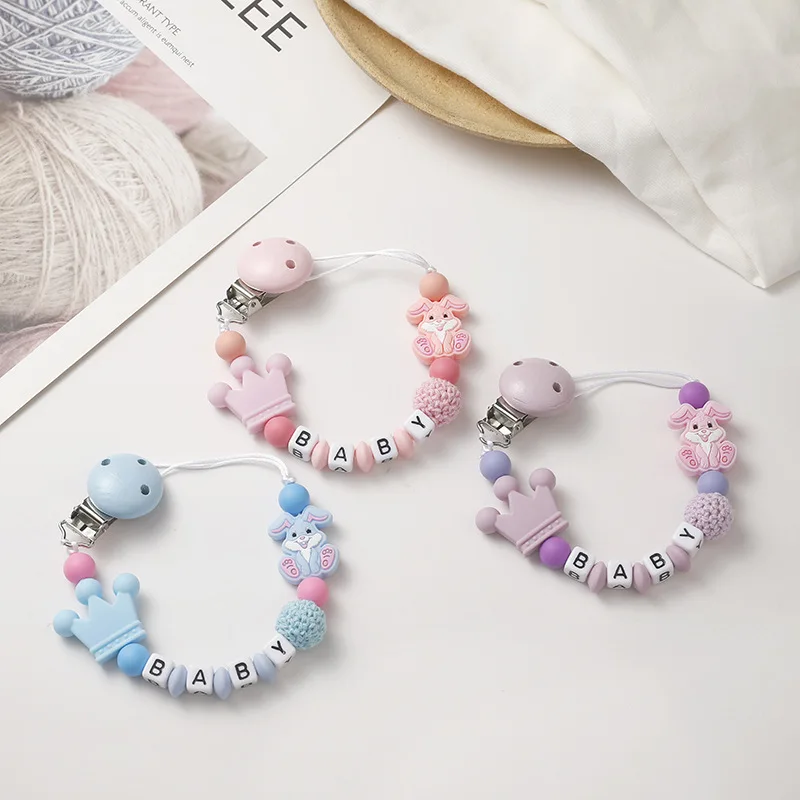

Baby Personalized Name Beads Rabbit Silicone Pendant Pacifier Clips Chains Holder Infant Feeding Soother Teething Toys Chew Gift